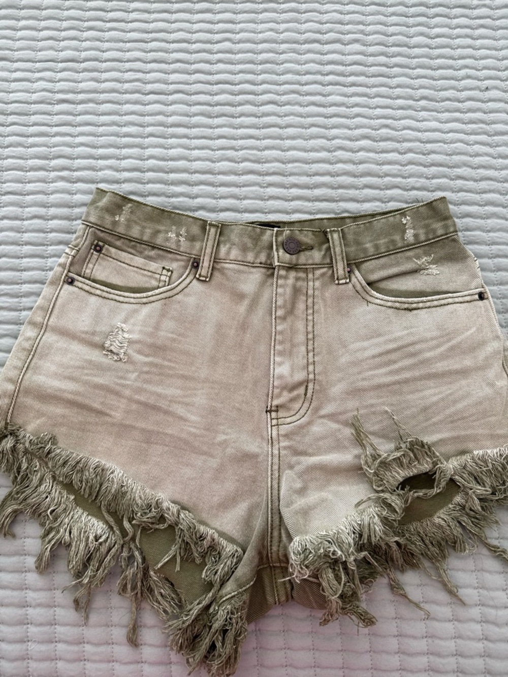 BDG high rise cheeky denim shorts green with frayed hem